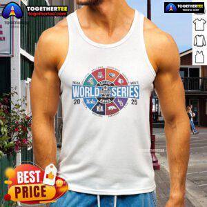 Official Men's College World Series 2025 NCAA Baseball tank top featuring team logos, perfect for fans in Omaha.
