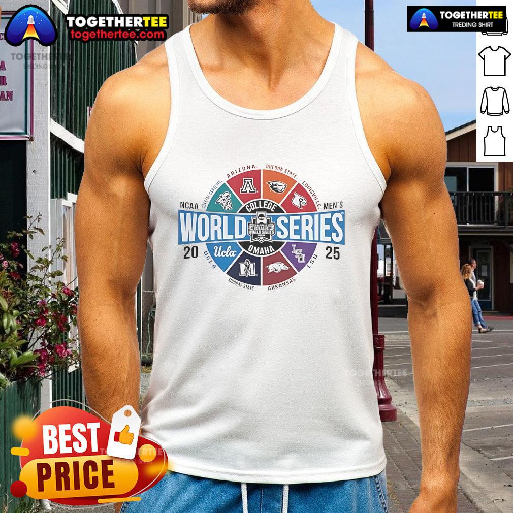 Official Men's College World Series 2025 NCAA Baseball tank top featuring team logos, perfect for fans in Omaha.