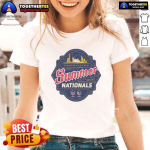 Alt Text: Official Milwaukee Wisconsin Summer Nationals 2025 logo on a stylish ladies tee, perfect for summer events.