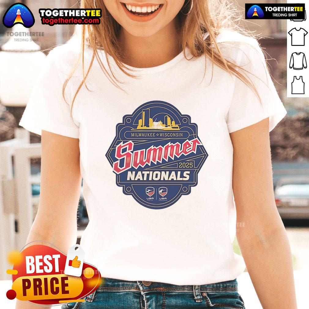 Alt Text: Official Milwaukee Wisconsin Summer Nationals 2025 logo on a stylish ladies tee, perfect for summer events.