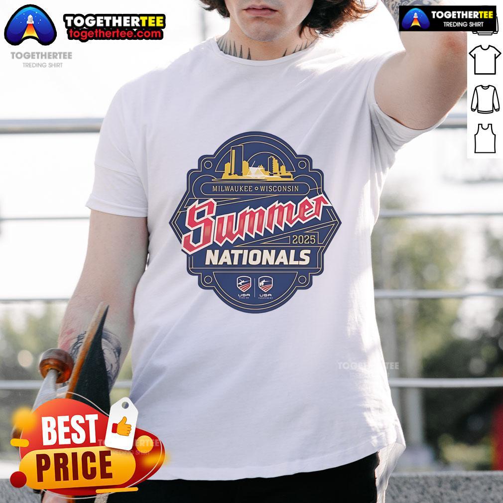 Alt Text: Official Milwaukee Wisconsin Summer Nationals 2025 logo t-shirt featuring vibrant graphics and event details.