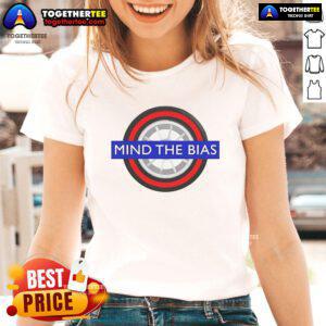 Official Mind The Bias logo on a stylish ladies tee, promoting awareness and conversation about bias in society.