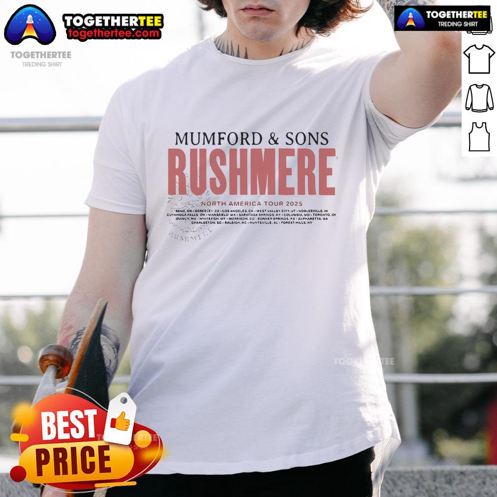 Official Mumford & Sons & Rushmere 2025 North America T-Shirt featuring bold graphics and vibrant colors.