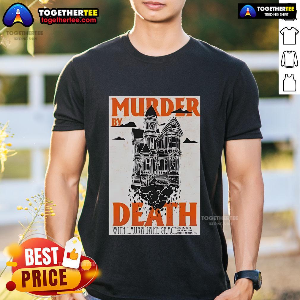 Alt Text: Official Murder By Death July 19, 2025 poster T-shirt showcasing event details at First Avenue, Minneapolis, MN.