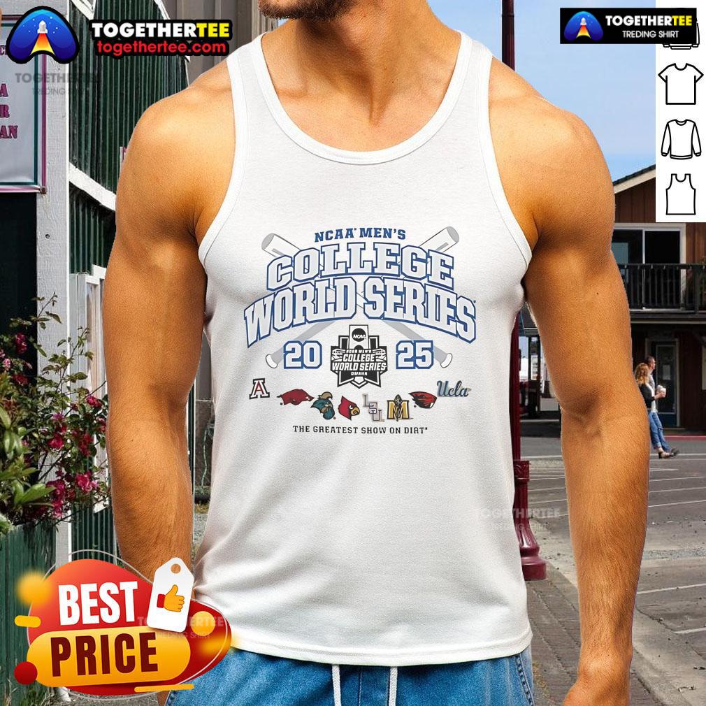 Official NCAA Men's College World Series 2025 tank top featuring 'The Greatest Show On Dirt' design for fans.