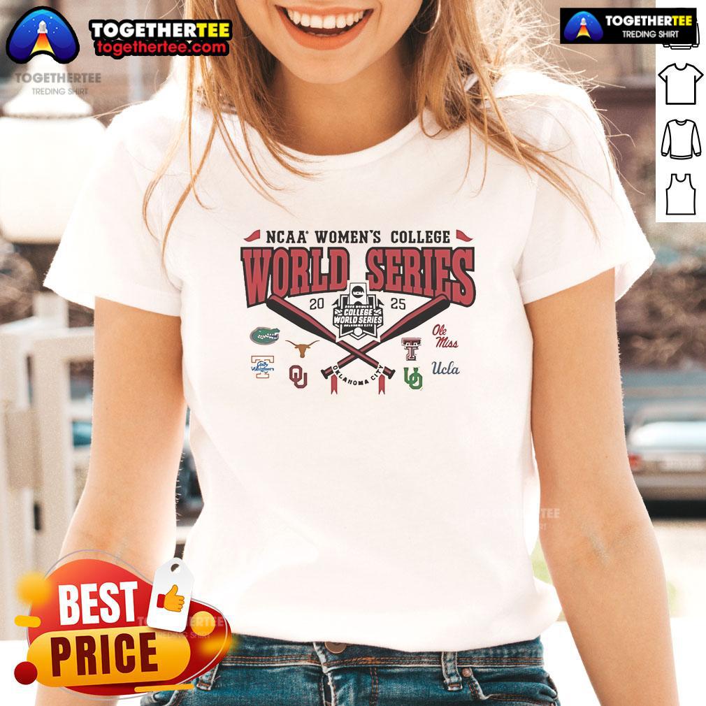 Alt Text: 2025 Official NCAA Women's College World Series WCWS 8 Team Logo on a stylish ladies tee shirt.