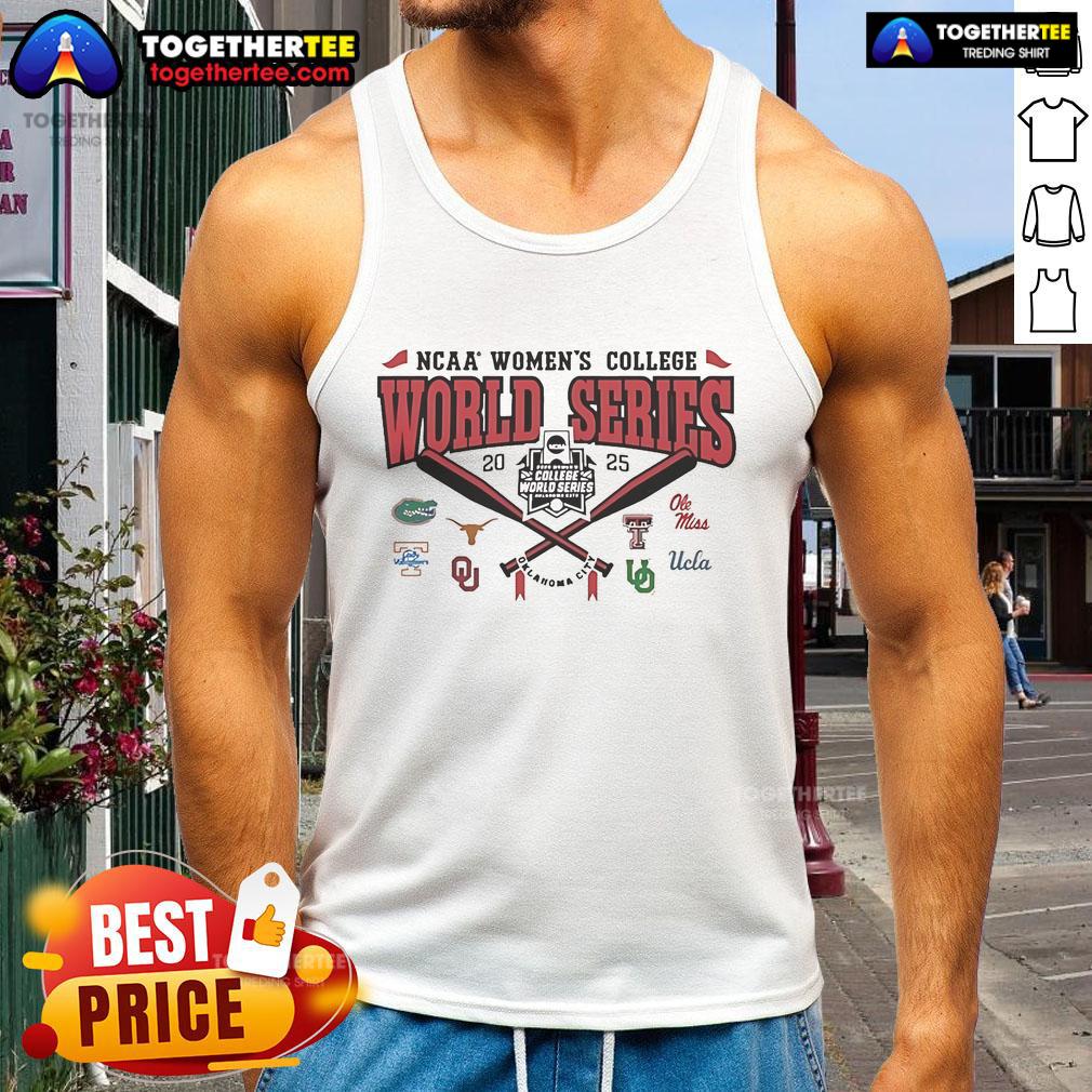 Alt Text: Official NCAA Women's College World Series 2025 tank top featuring 8 team logos, perfect for fans and players.