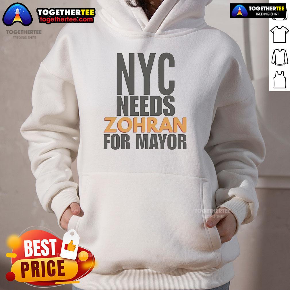 Alt Text: Official NYC Needs Zohran For Mayor hoodie featuring bold graphic design and vibrant colors, promoting Zohran Mamdani.