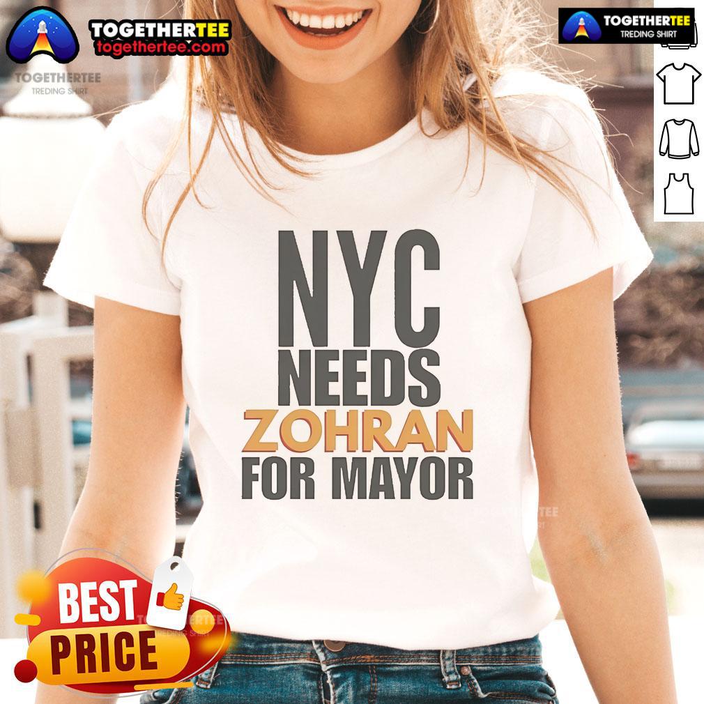 Alt Text: Official NYC Needs Zohran For Mayor Ladies Tee showcasing vibrant design promoting Zohran Mamdani's campaign.