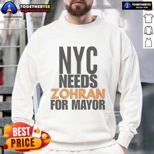 Alt Text: Official NYC Needs Zohran for Mayor Sweatshirt showcasing bold graphics supporting Zohran Mamdani's campaign.