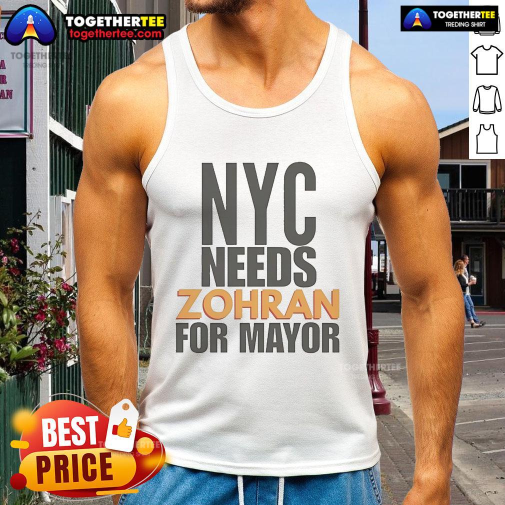 Official NYC Needs Zohran For Mayor tank top featuring bold graphics supporting Zohran Mamdani's campaign.