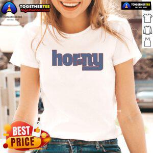 Official New York Giants Horny Ladies Tee featuring team colors and logo, perfect for female fans and game day attire.