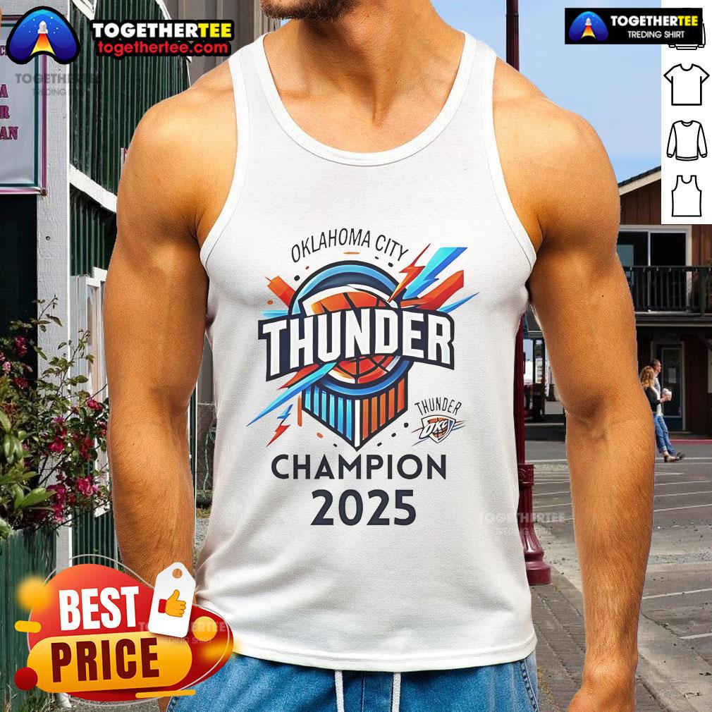 Official OKC Basketball World Champs 2025 tank top featuring bold team graphics and vibrant colors for fans.