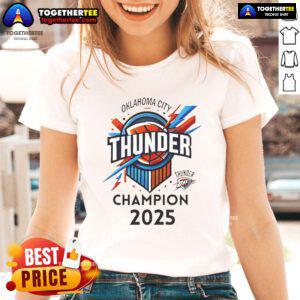 Alt Text: Official OKC Thunder Basketball World Champs 2025 logo on a stylish ladies tee, perfect for fans and collectors.