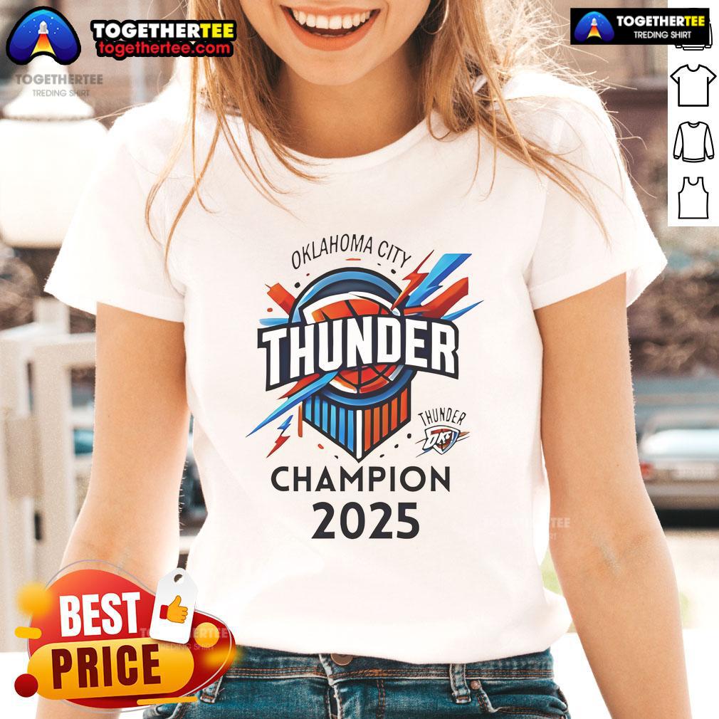 Alt Text: Official OKC Thunder Basketball World Champs 2025 logo on a stylish ladies tee, perfect for fans and collectors.