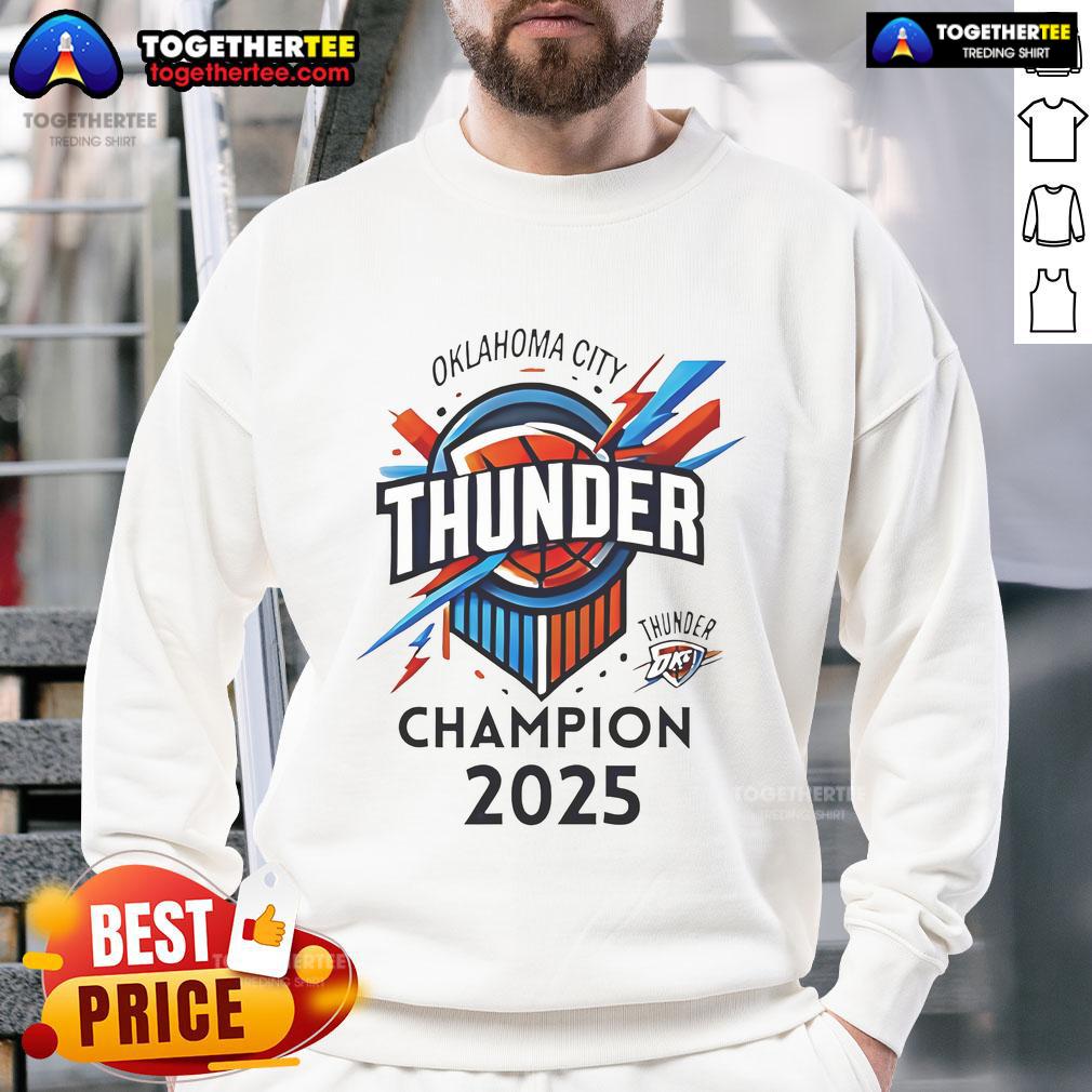 Alt Text: Official OKC Thunder Basketball World Champs 2025 logo sweatshirt featuring vibrant team colors and design.