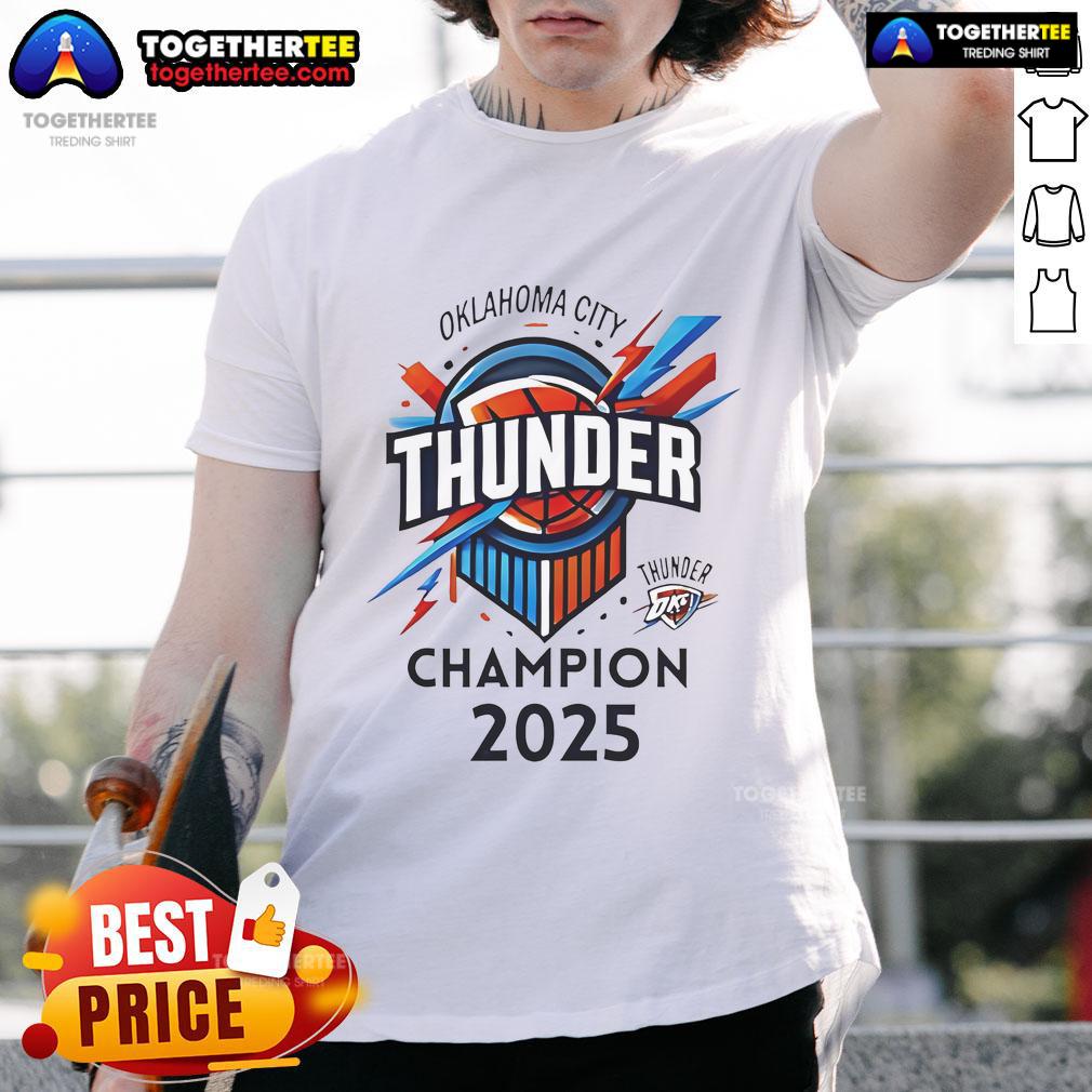 Alt Text: Official OKC Thunder Basketball World Champs 2025 logo t-shirt featuring vibrant team colors and championship design.