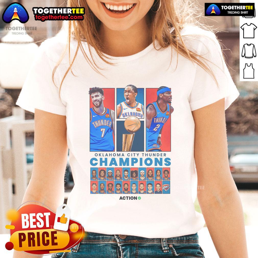 Official OKC Thunder Ladies Tee celebrating their 2024-25 NBA Finals victory, featuring team colors and logo.
