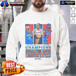 Official OKC Thunder sweatshirt celebrating their 2024-25 NBA Finals victory, featuring team colors and logo.
