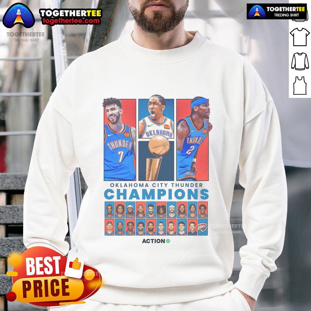 Official OKC Thunder sweatshirt celebrating their 2024-25 NBA Finals victory, featuring team colors and logo.