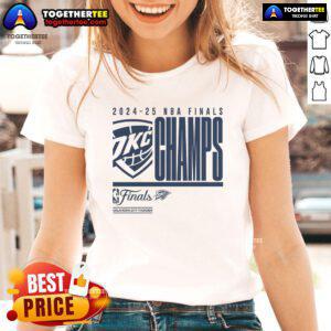 Official Oklahoma City Thunder 2025 NBA Finals Champion playoffs ladies tee featuring a bold defensive foul graphic.