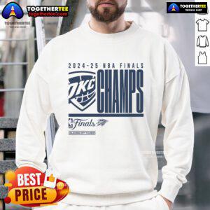 Official Oklahoma City Thunder 2025 NBA Finals Champion sweatshirt featuring playoffs and defensive foul graphics.
