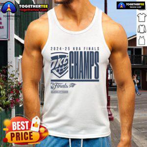 Official Oklahoma City Thunder 2025 NBA Finals Champion tank top featuring playoffs defensive foul design.