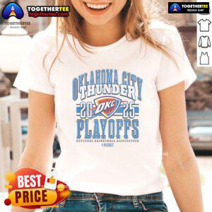 Official Oklahoma City Thunder 2025 Playoffs Showtime Ladies Tee featuring team colors and logo for female fans.