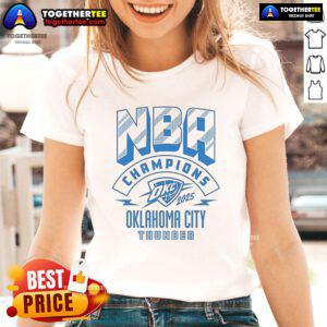 Official Oklahoma City Thunder Basketball 2025 NBA Champions Finals Game Ladies Tee featuring team logo and vibrant design.