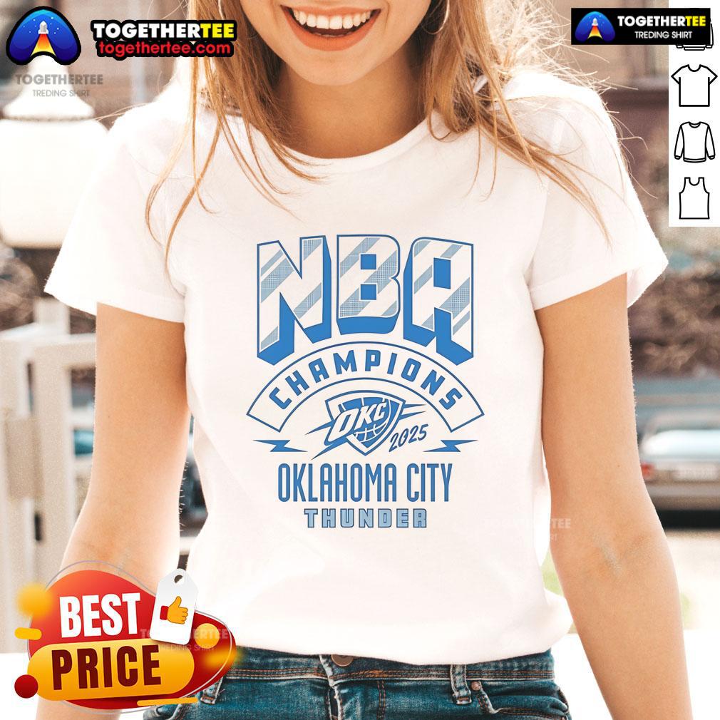 Official Oklahoma City Thunder Basketball 2025 NBA Champions Finals Game Ladies Tee featuring team logo and vibrant design.