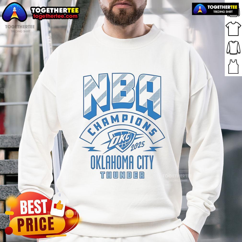 Alt Text: Official Oklahoma City Thunder Basketball 2025 NBA Champions Finals Game Sweatshirt in blue with team logo.