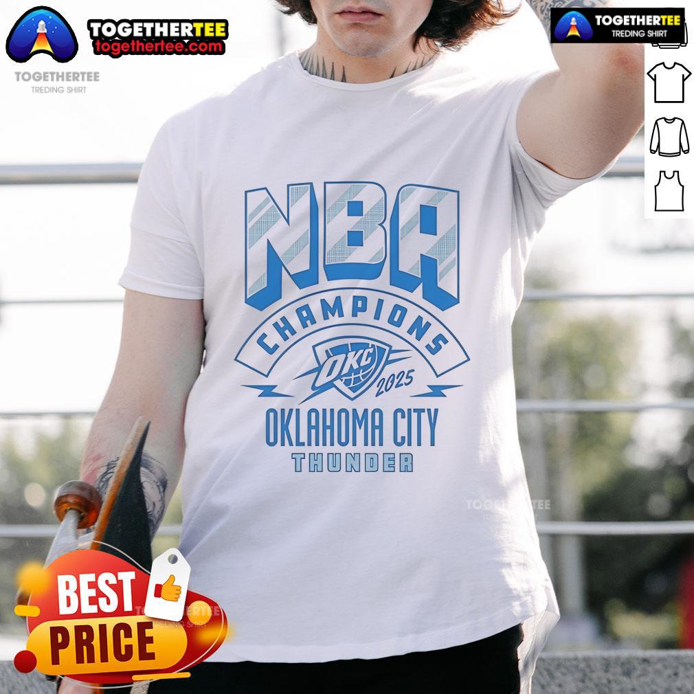 Official Oklahoma City Thunder Basketball 2025 NBA Champions Finals Game T-Shirt showcasing team logo and vibrant colors.