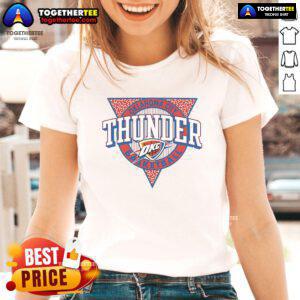 Alt Text: Official Oklahoma City Thunder style logo on a ladies tee, showcasing vibrant colors and sporty design.