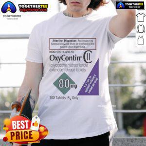 Official Oxycontin 80Mg Label T-Shirt featuring the iconic drug label design on a stylish black tee.