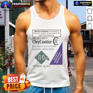 Official Oxycontin 80mg label tank top featuring bold graphic design, perfect for fans of pharmaceutical memorabilia.