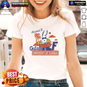 Official Peanuts x Florida Headed to UF ladies tee featuring iconic characters and vibrant UF colors for fans.