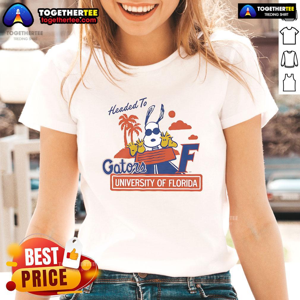 Official Peanuts x Florida Headed to UF ladies tee featuring iconic characters and vibrant UF colors for fans.