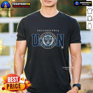 Official Philadelphia Union See Thru T-Shirt featuring team logo, perfect for fans showcasing their support.
