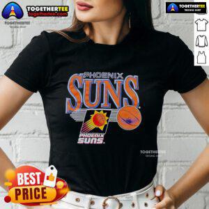 Alt Text: Vintage ladies tee featuring the official Phoenix Suns logo in vibrant colors, perfect for fans and casual wear.