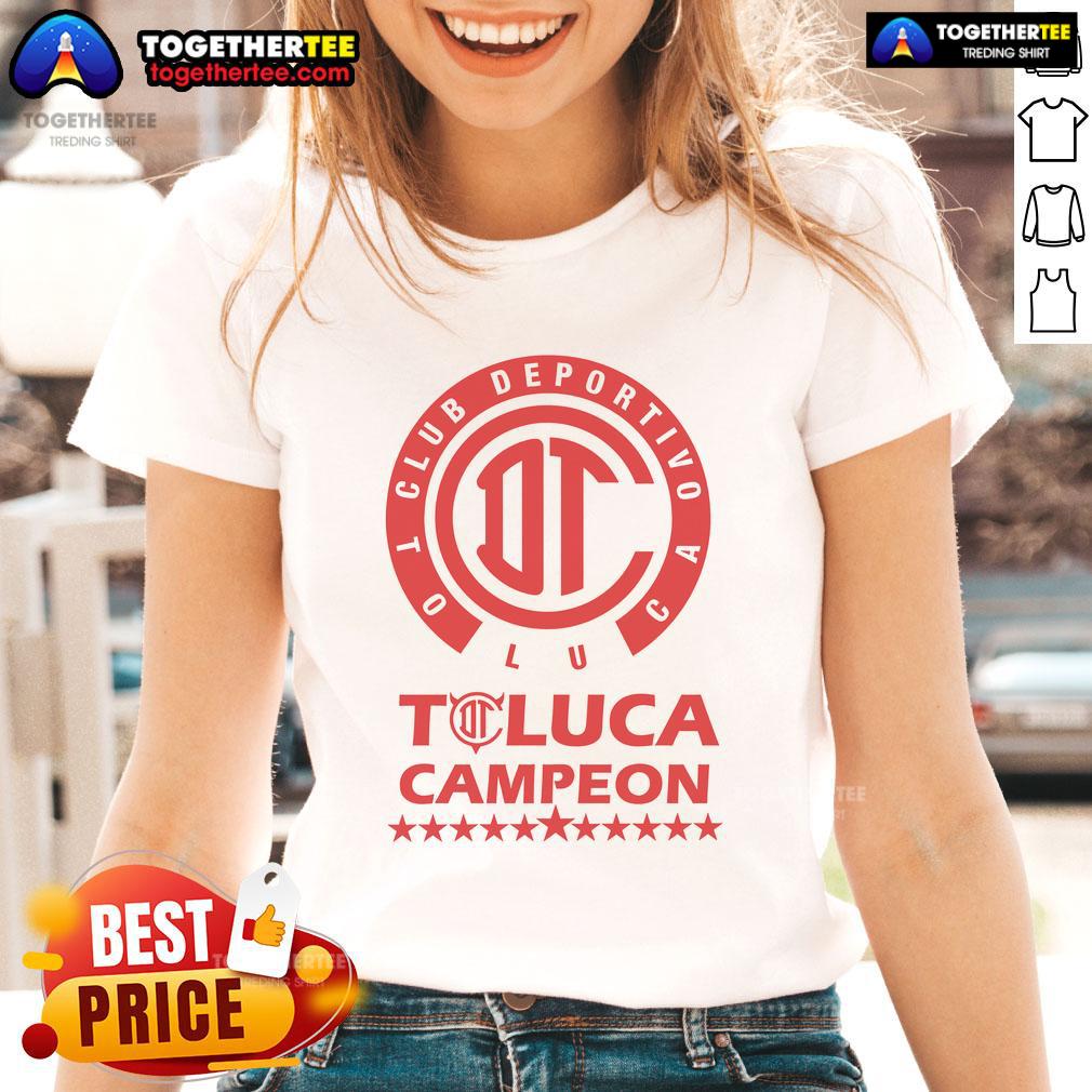 Alt Text: Official Yazbek Diablos Rojos Toluca Campeones 2025 ladies tee featuring vibrant team colors and logo.