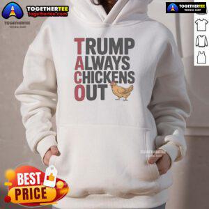 Official Political Trending Taco Trump hoodie design featuring a humorous slogan about Trump always backing down.