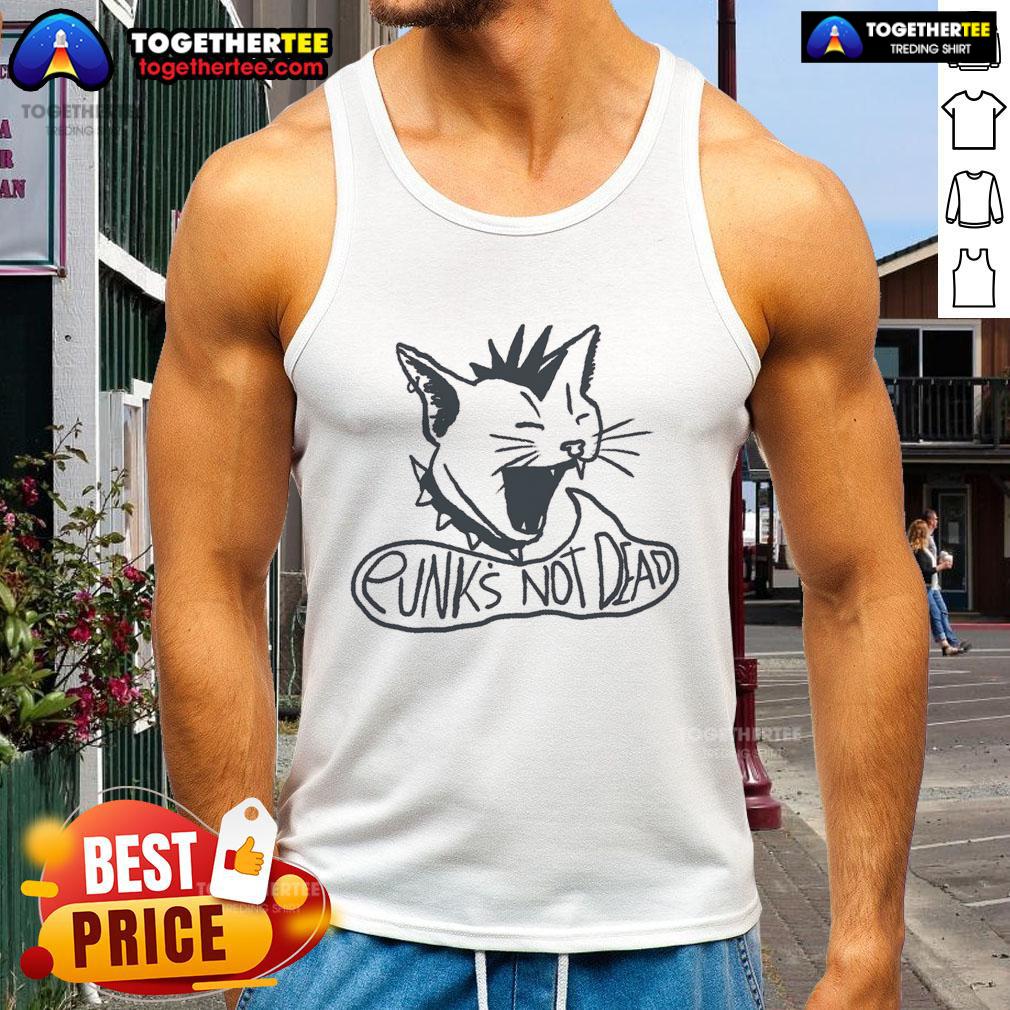 Official Punks Not Dead cat tank top featuring a bold graphic design and a comfy fit, perfect for punk fashion enthusiasts.