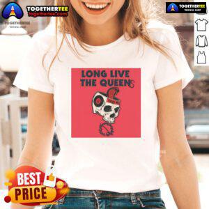 Alt Text: Official Queens of the Stone Age Touch Me Skull 8-Ball Ladies Tee featuring a bold graphic design on a stylish shirt.