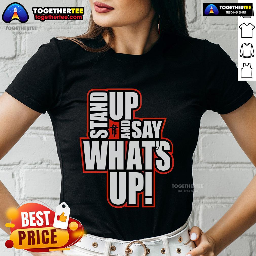 R-Truth Stand Up And Say What's Up Ladies Tee featuring vibrant graphics and a comfortable fit for wrestling fans.