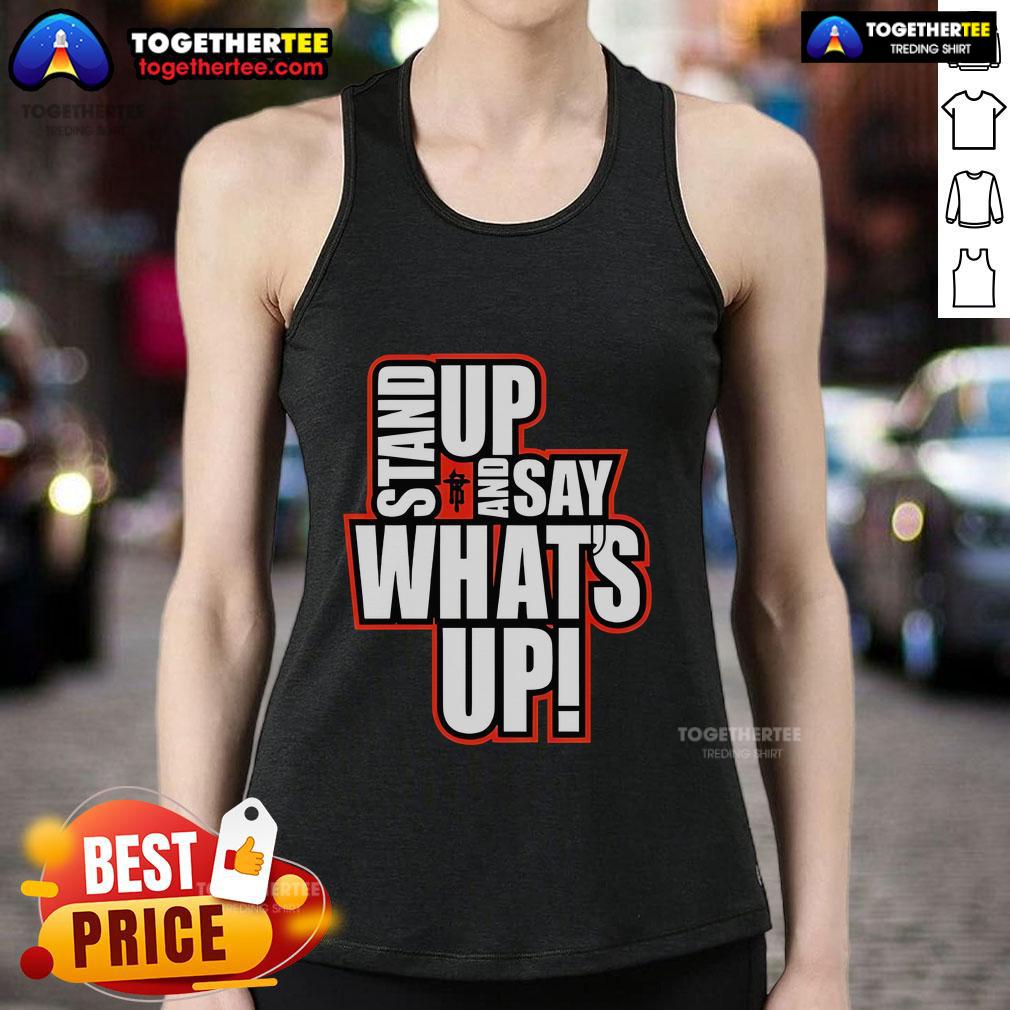 Official R-Truth Stand Up and Say What's Up tank top featuring bold graphics and vibrant colors, perfect for fans.