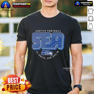 Alt Text: Official Seattle Seahawks Hometown Sea Geographic Coordinates T-Shirt featuring coordinates and team colors for fans.