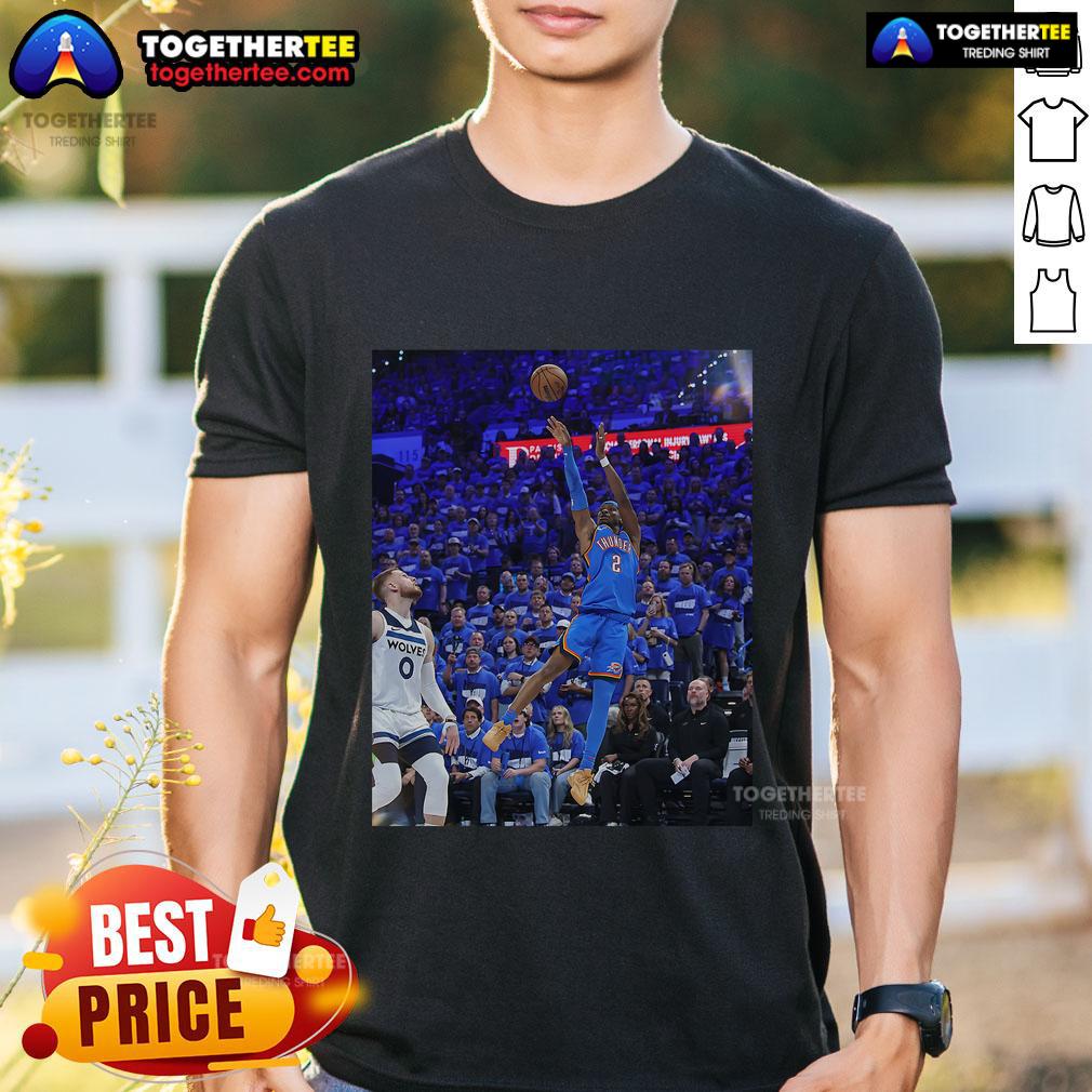 Alt Text: Official Shai Gilgeous-Alexander Oklahoma City Thunder Game Frames T-Shirt featuring vibrant team colors and logo.