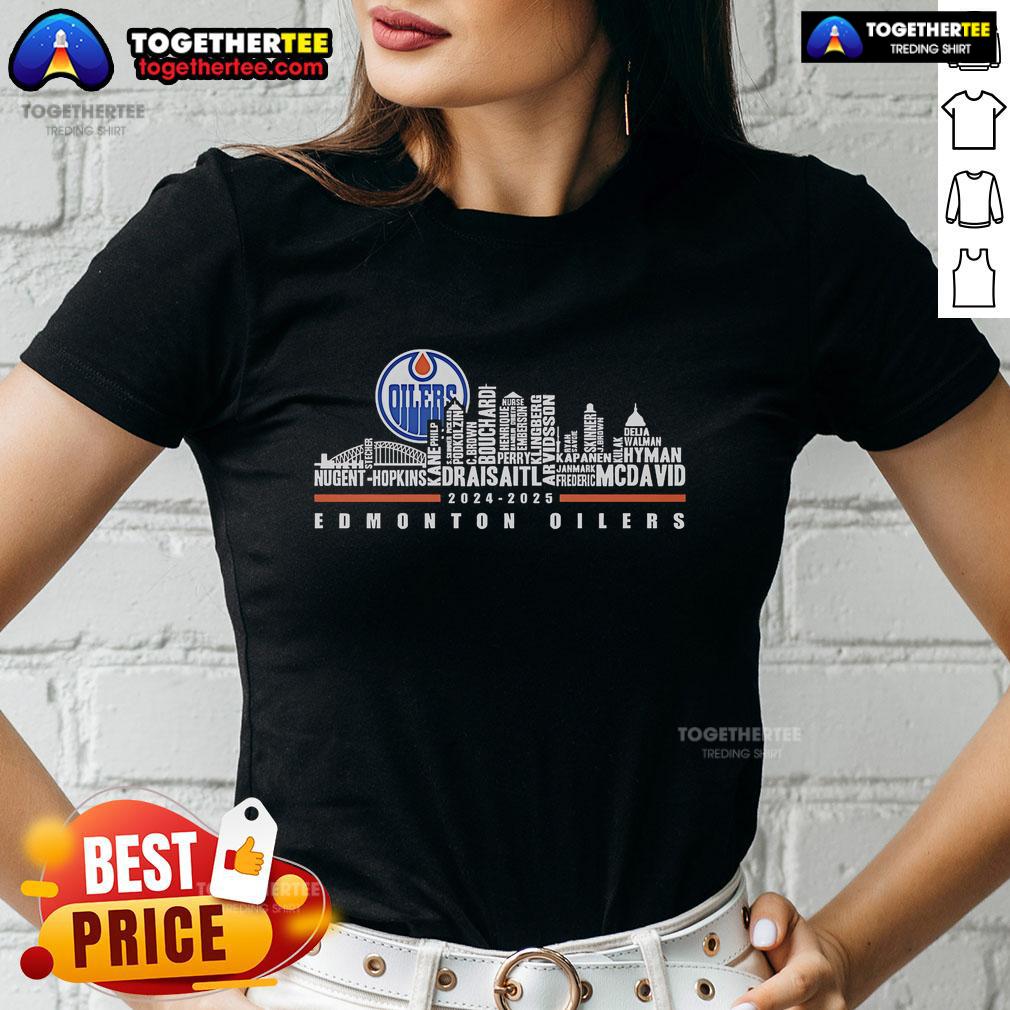 Official Edmonton Oilers 2024-2025 ladies tee featuring team colors and logo, perfect for fans and casual wear.