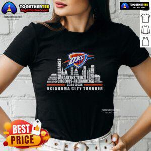 Alt Text: Official Skyline Oklahoma City Thunder 2024-2025 ladies tee featuring team colors and logo, perfect for fans.