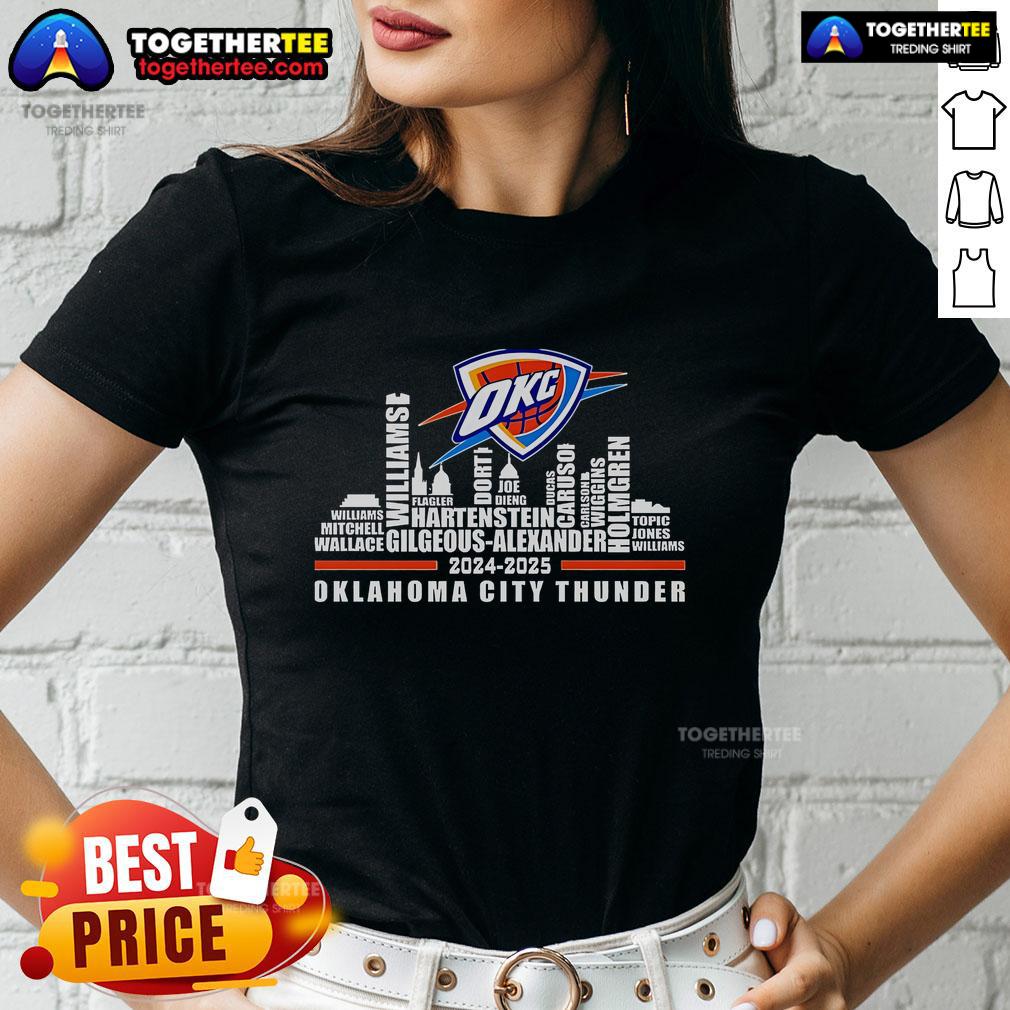 Alt Text: Official Skyline Oklahoma City Thunder 2024-2025 ladies tee featuring team colors and logo, perfect for fans.